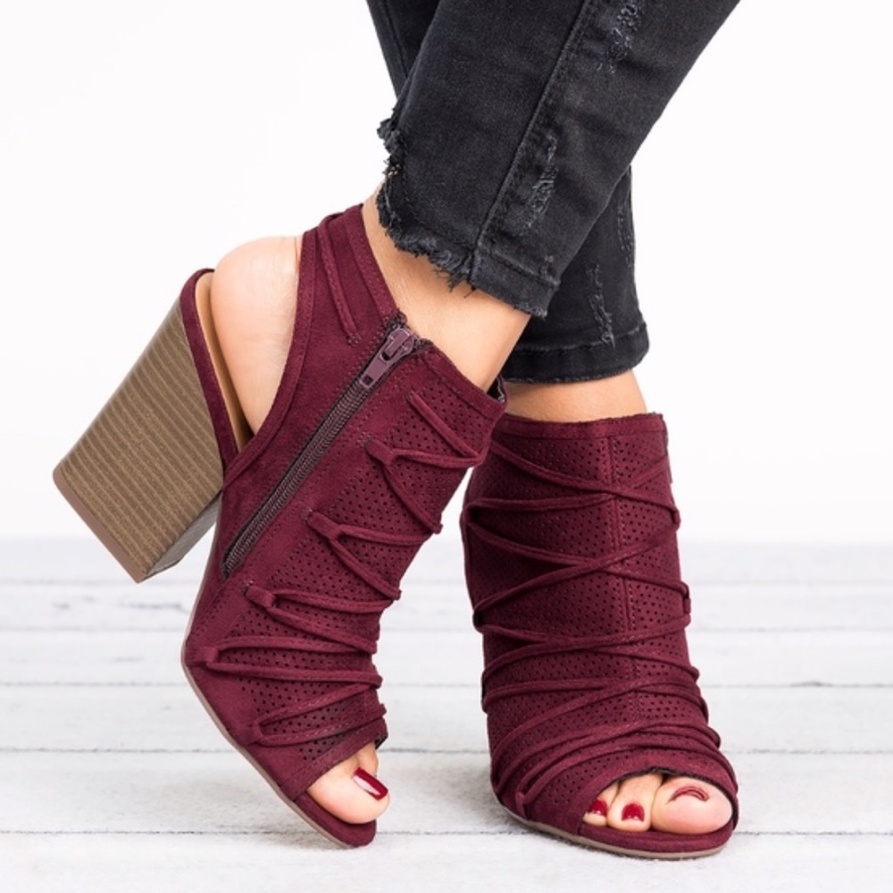 Burgundy Red Perforated Peep Toe Ankle Bootie - Picture 2 of 3